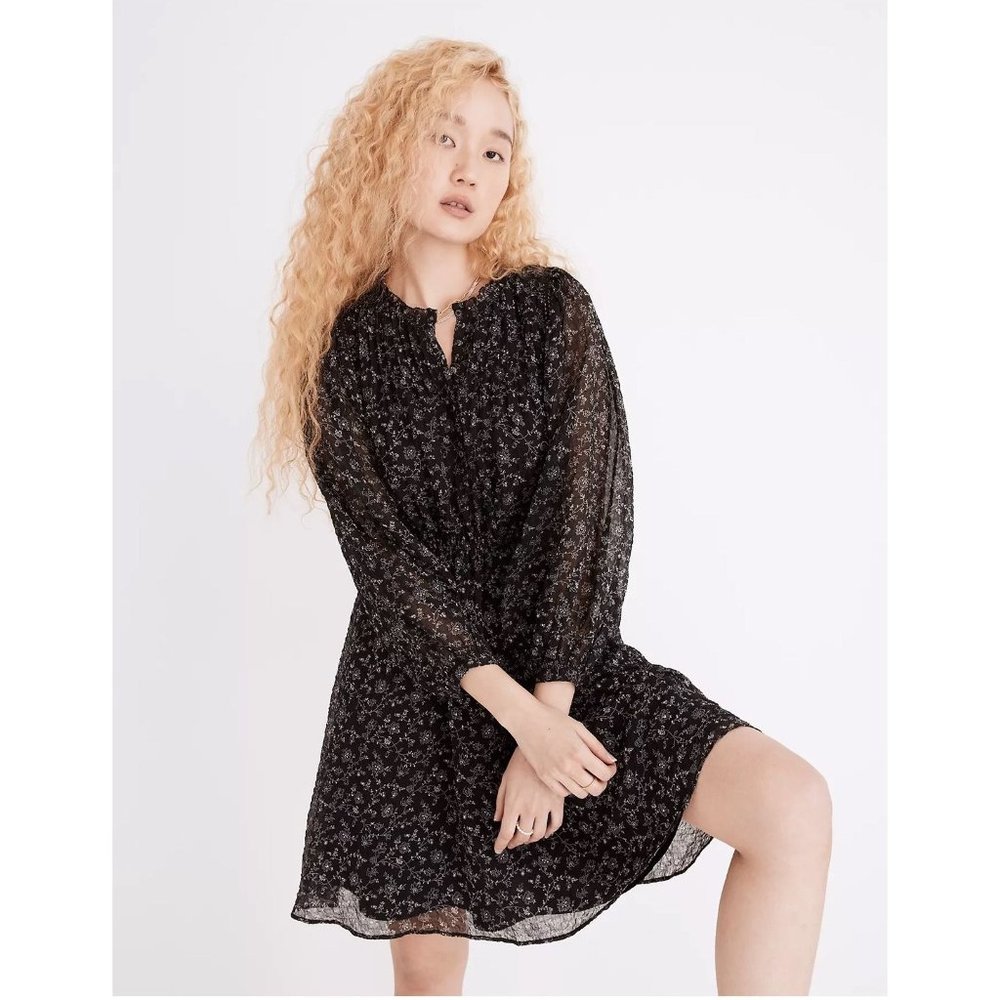 Madewell Ruffle Neck Button Front Mini Dress Dotted Vines Black